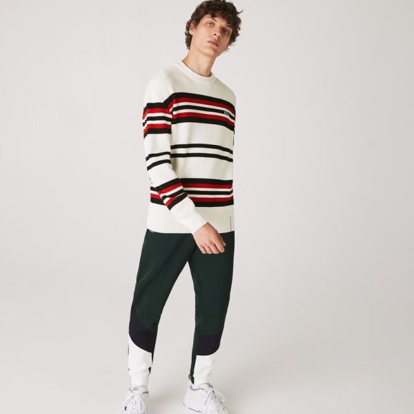 Lacoste Made in France Striped Organic Cotton Crew Neck Sweater Pánské - Svetr Bílé / Tmavě Blankyt